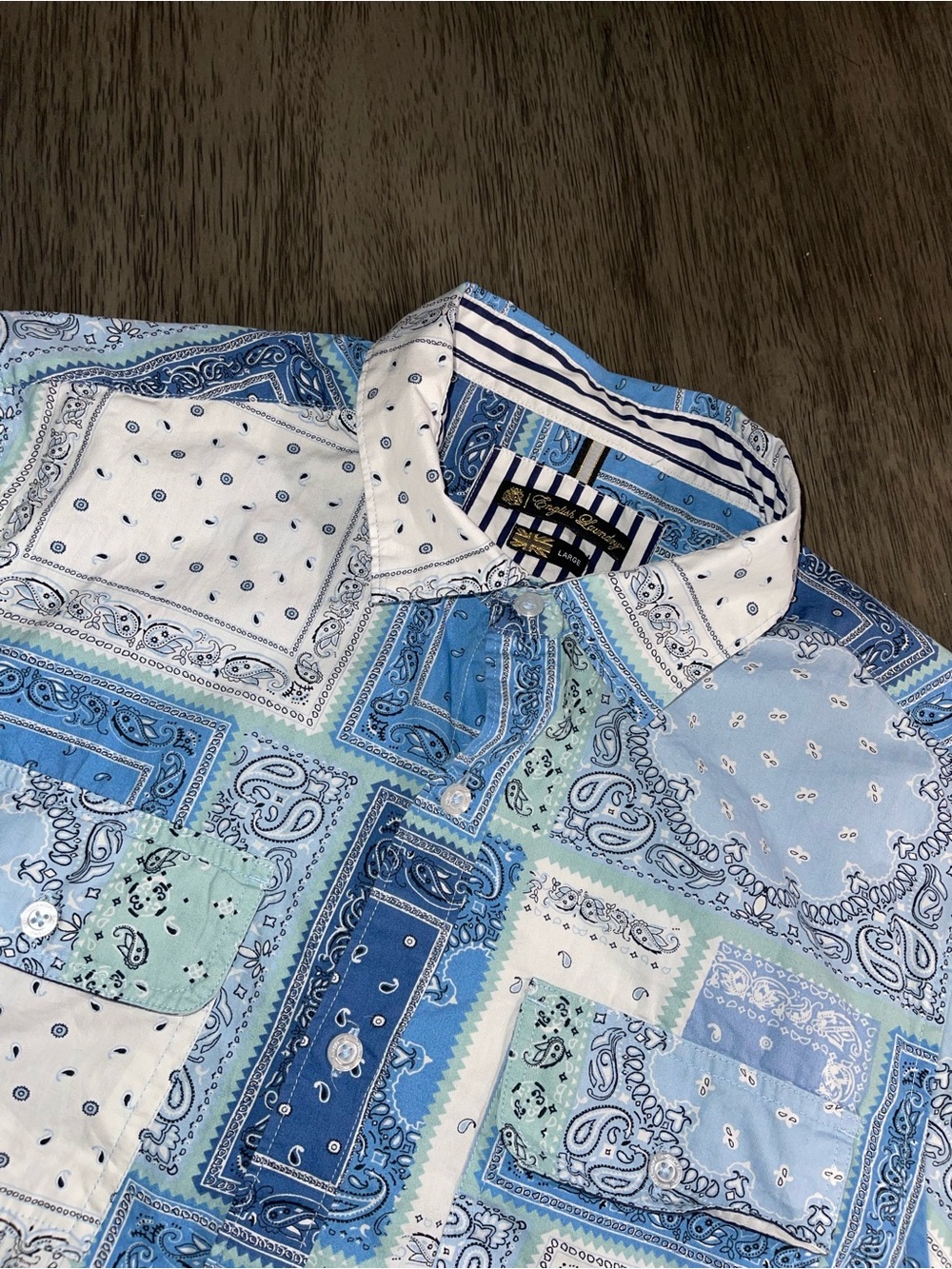 English Laundry Men's Sz Lg Blue Patchwork Paisley Short Sleeve Button Up